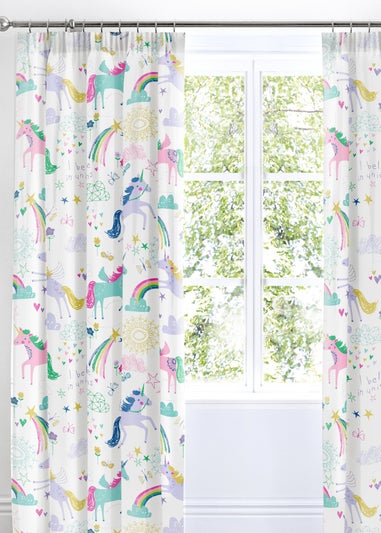 Bedlam Rainbow Unicorn White Pencil Pleat Curtains