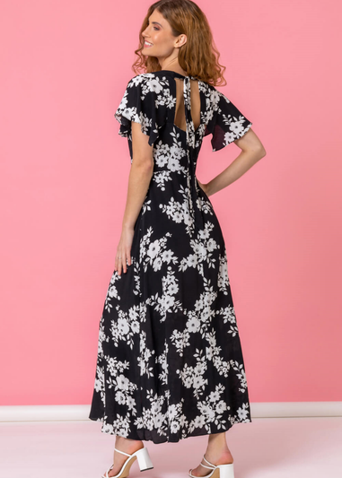 Roman Black Floral Print Back Detail Maxi Dress