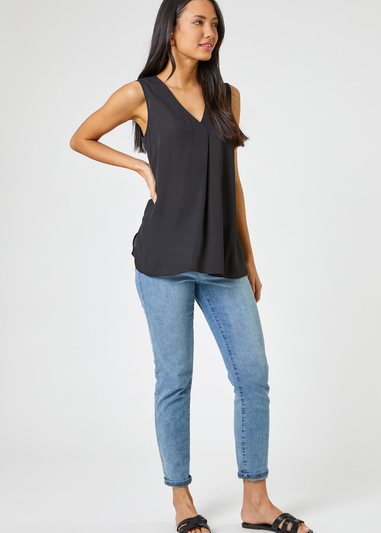 Roman Black V-Neck Pleat Tunic Tank Top