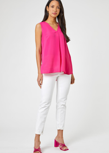 Roman Fuchsia V-Neck Sleeveless Vest Pleat Top