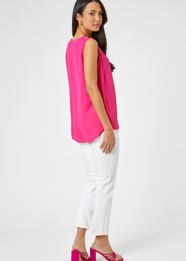 Roman Fuchsia V-Neck Sleeveless Vest Pleat Top