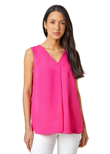 Roman Fuchsia V-Neck Sleeveless Vest Pleat Top