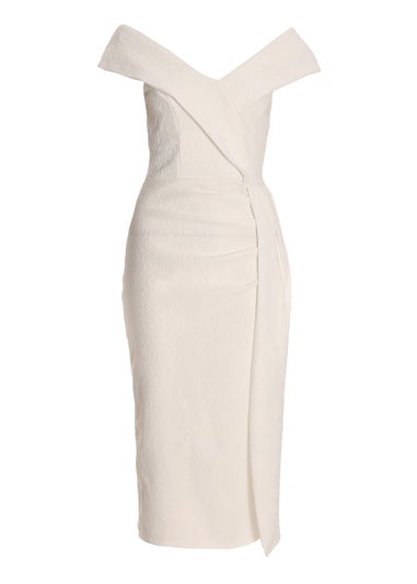 Quiz White Jacquard Bardot Ruched Dress