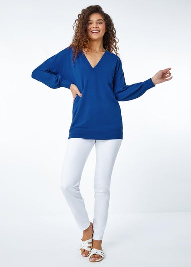 Roman Royal Blue Plain Stretch V-Neck Longline Jumper