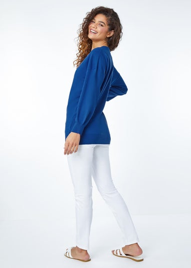 Roman Royal Blue Plain Stretch V-Neck Longline Jumper