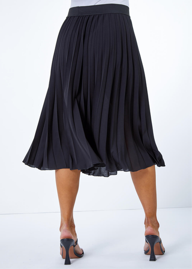 Roman Black Petite Pleated Elastic Waist Midi Skirt