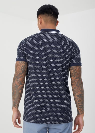 Brave Soul Navy Barnett Cotton Print Polo Shirt