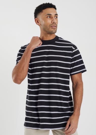 Brave Soul Black Gannon Cotton Oversized Stripe T-Shirt