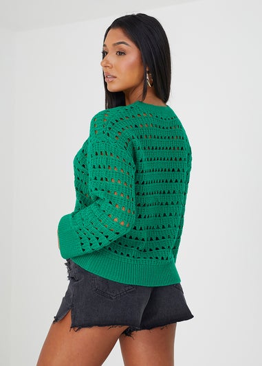 Brave Soul Green Jute Mesh Cropped Oversized Jumper