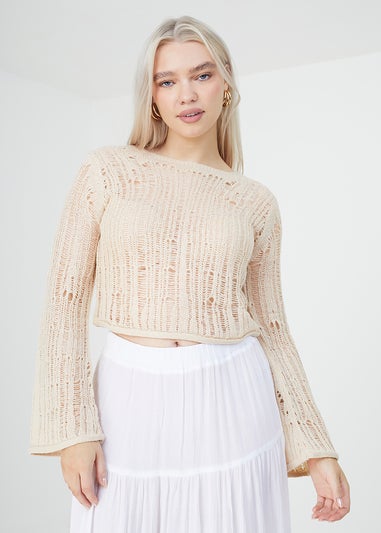 Brave Soul Natural Whisper Ladder Stitch Crew Neck Jumper