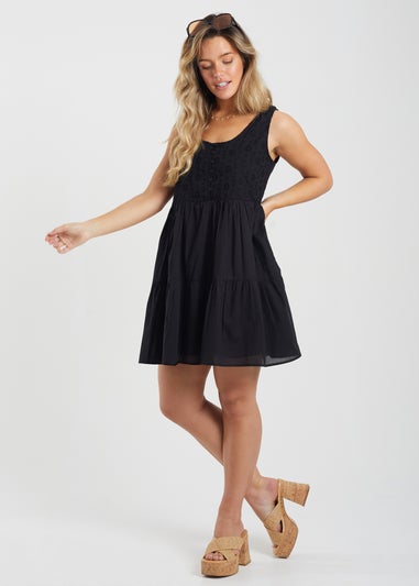 Brave Soul Black Borderie Top Tiered Smock Mini Dress