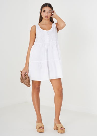 Brave Soul White Borderie Top Tiered Smock Mini Dress