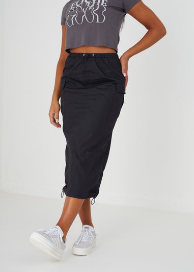 Brave Soul Black Cotton Maxi Parachute Cargo Skirt