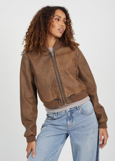 Brave Soul Brown Vintage PU Cropped Bomber Jacket