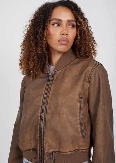 Brave Soul Brown Vintage PU Benoite Cropped Bomber Jacket