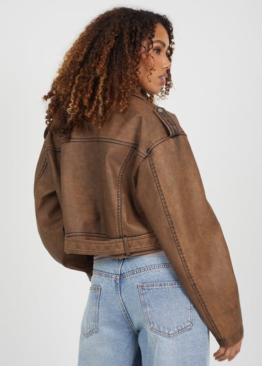 Brave Soul Brown Faux Leather Cropped Biker Jacket