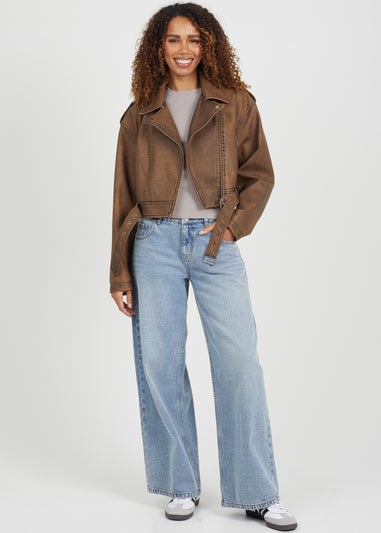 Brave Soul Brown Faux Leather Cropped Biker Jacket