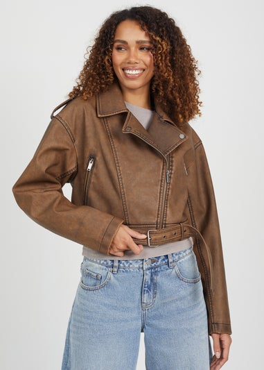 Brave Soul Brown Faux Leather Cropped Biker Jacket