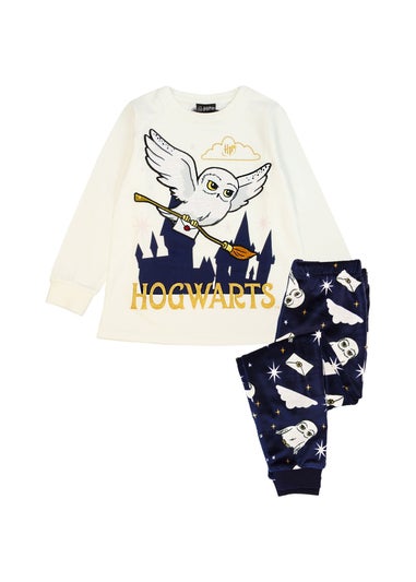 Harry Potter Kids White/Navy Hedwig Fleece Long Pyjama Set (5-14yrs)