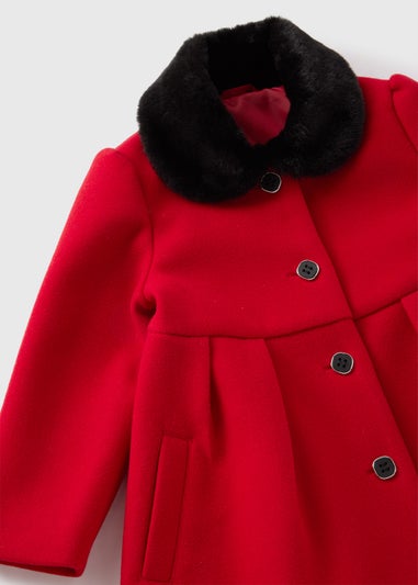 Girls Red Faux Fur Collar Traditional Coat (1-7yrs)