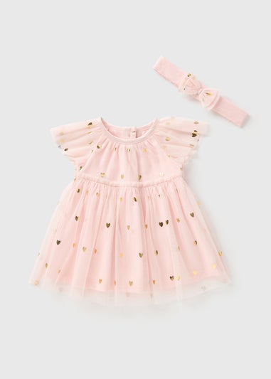 Girls Pink Mesh Foil Dress & Headband (Newborn-23mths)