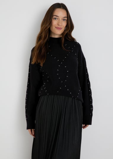 Black Embroidered Cable Knit Jumper