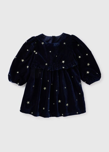 Girls Navy Velvet Star Print Dress (1-7yrs)