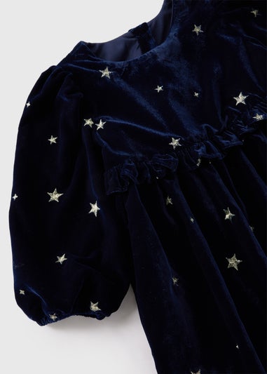 Girls Navy Velvet Star Print Dress (1-7yrs)