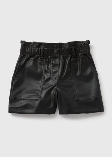 Girls Black Faux Leather Paperbag Shorts (7-15yrs)