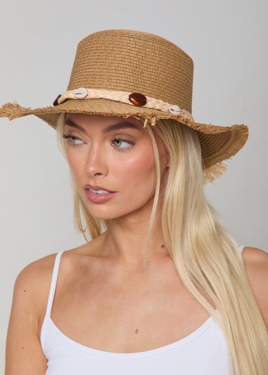 Madein Straw Boater Hat With Detailed Trim And Frayed Edge