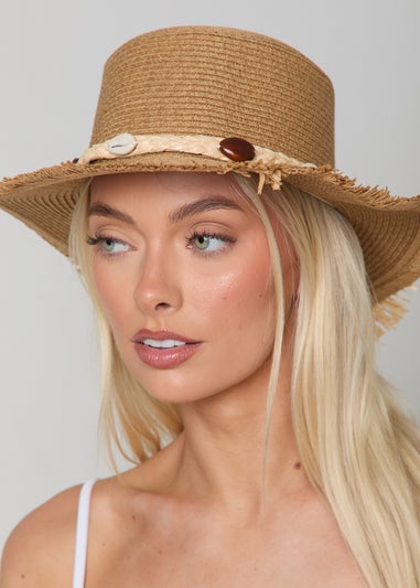 Madein Straw Boater Hat With Detailed Trim And Frayed Edge