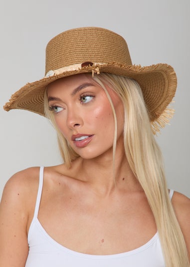 Madein Straw Boater Hat With Detailed Trim And Frayed Edge