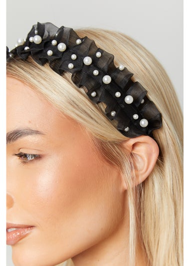 Madein Black Organza Pearl Embellished Headband