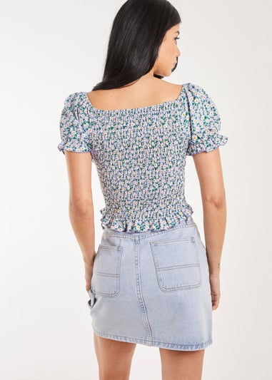Pink Vanilla Blue Floral Puff Sleeve Shirred Top