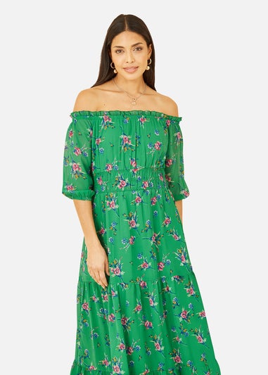 Yumi Green Floral Bardot Long Sleeve Maxi Dress