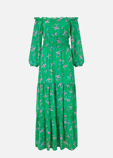 Yumi Green Floral Bardot Long Sleeve Maxi Dress