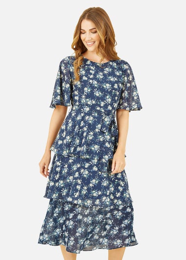 Yumi Navy Floral Frill Layer Midi Dress