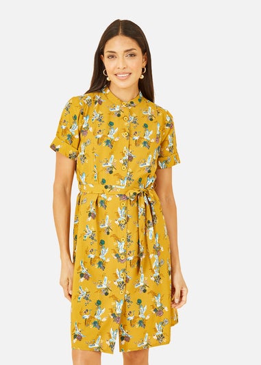 Yumi Mustard Crane Print Shirt Dress