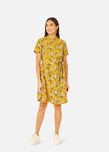 Yumi Mustard Crane Print Shirt Dress