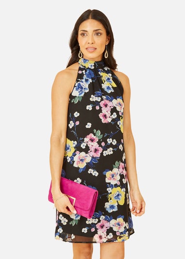 Yumi Black Floral Halter Neck Mini Dress