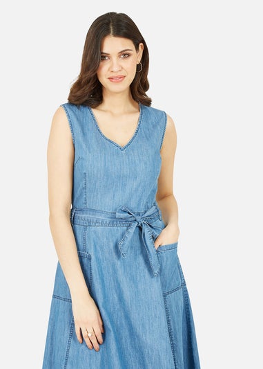 Yumi Blue Chambray Denim Midi Skater Dress