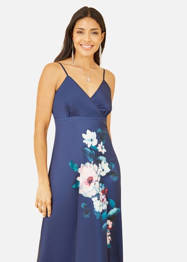 Yumi Navy Satin Slip Dress With Floral Design
