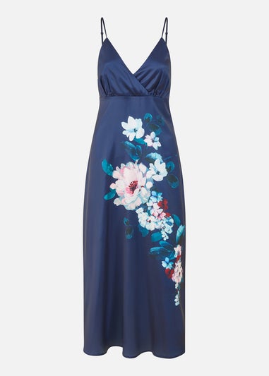 Yumi Navy Satin Slip Dress With Floral Design