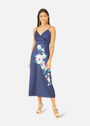Yumi Navy Satin Slip Dress With Floral Design