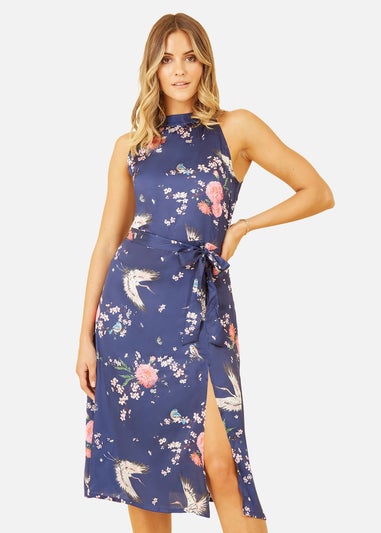 Yumi Navy Satin Crane Print Halter Neck Dress