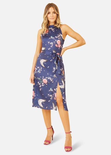Yumi Navy Satin Crane Print Halter Neck Dress