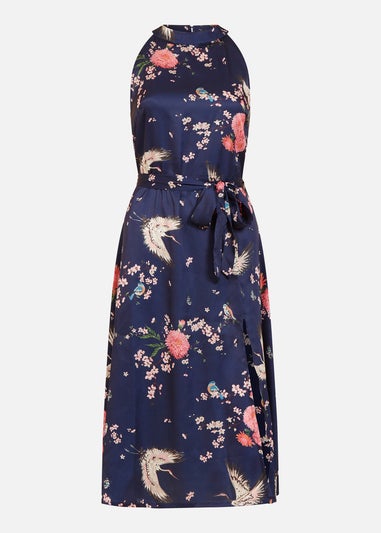 Yumi Navy Satin Crane Print Halter Neck Dress
