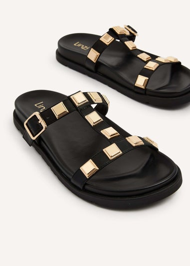 Linzi Alert Black Faux Leather Flat Slip-On Sandal