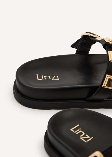 Linzi Alert Black Faux Leather Flat Slip-On Sandal