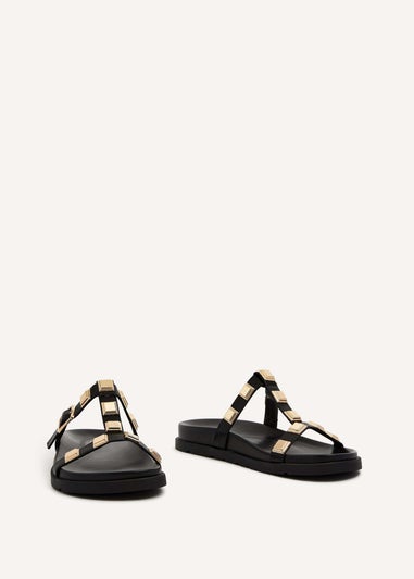 Linzi Alert Black Faux Leather Flat Slip-On Sandal